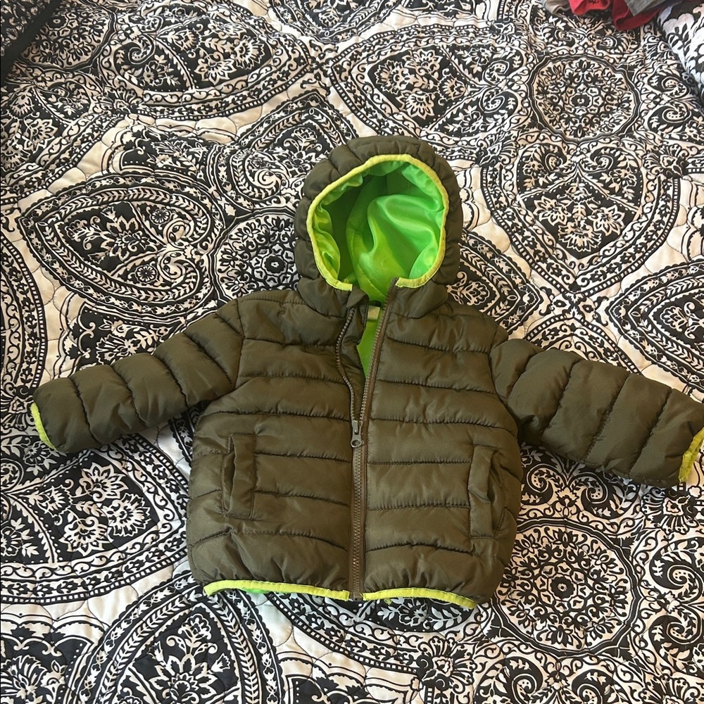 Green boys Puffer Jacket with Neon Accents